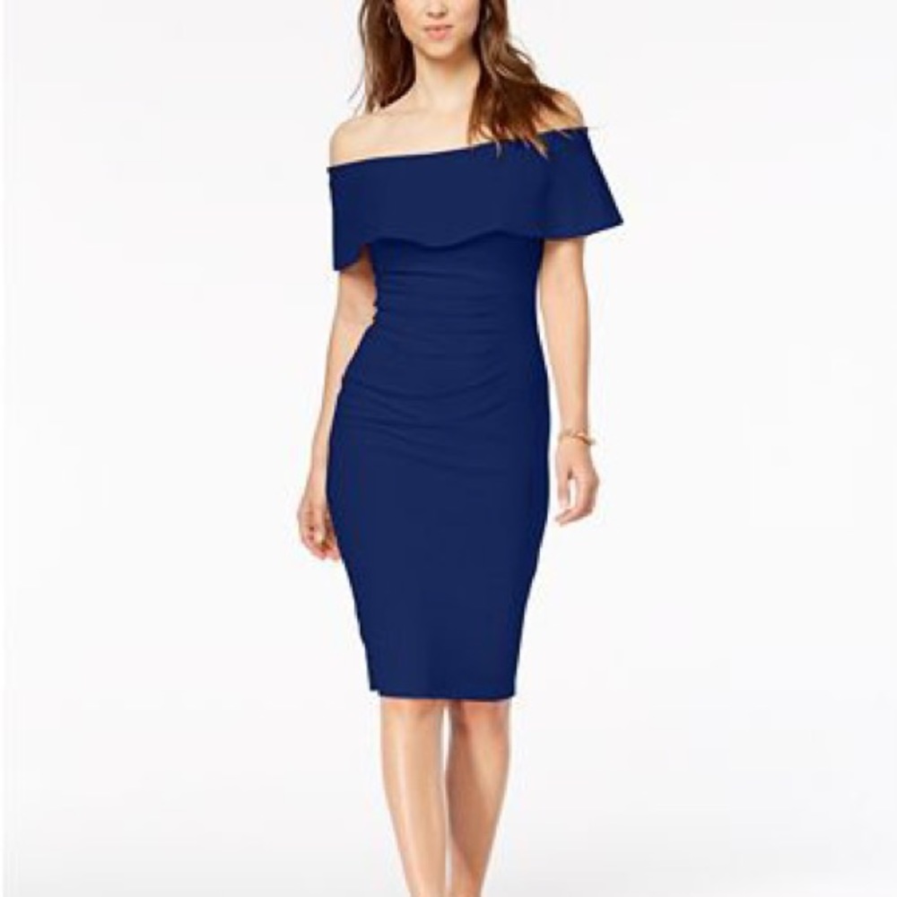 Xscape One-Shoulder Navy Blue Ruffle Bodycon Dress